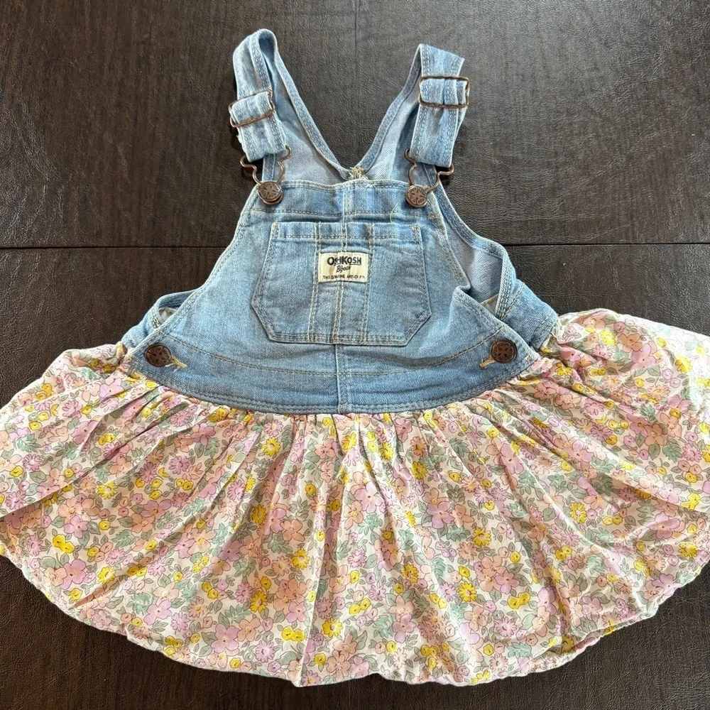 OshKosh B'gosh Denim and Pink Floral Kids Overall Dress Sz 2T